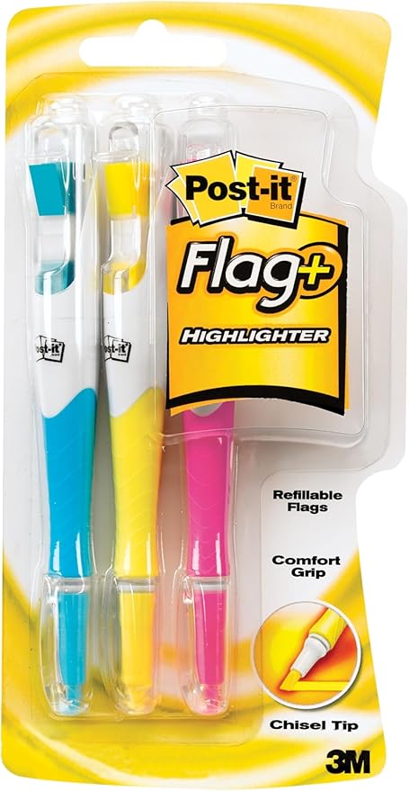 Post-it Flags + Highlighter 3 Pack, 50 Color Coordinated Flags/Highlighter, Yellow, Pink, Blue (689-HL3) - 24 Pack, 72 total count