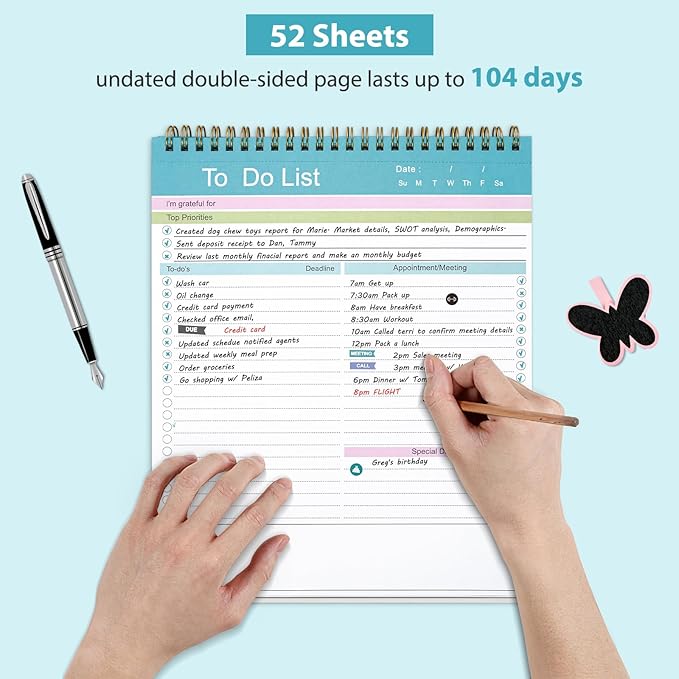 To Do List Notepad, Spiral Bound Undated Daily Planner, 52 Sheets 8.5" X 10.5" Tear Off Task Planning Pad with Checklist, For Work Office Home (Pack of 2)