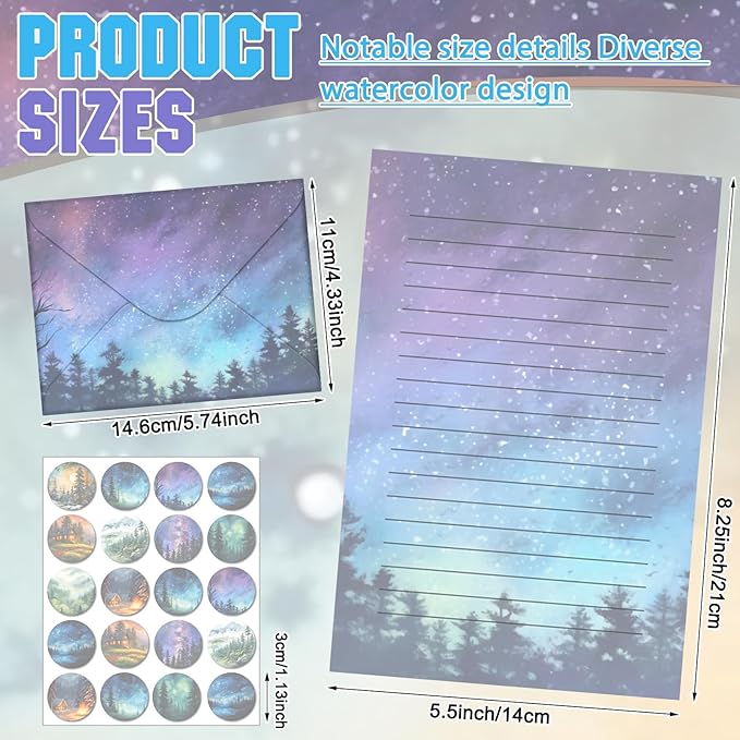 TaoBary 160 Pcs Stationery Paper Set 50 Double Sided Stationery Paper with 50 Matching Envelope and 60 Round Dot Sticker, 10 Design (Whimsical Watercolor Illustration Starry Night Sky,8.25 x 5.5 Inch)