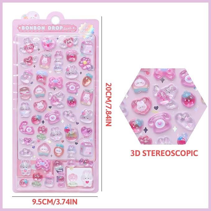 3D Cute Cartoon Pink Rabbit Puff Stickers - Kawaii Mini Puffy Reusable Stickers for Scrapbooks, Planner, Journals, Laptops, Phone Case Decoration