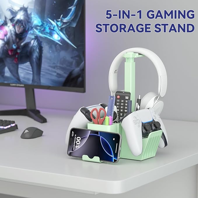 KDD Dual Controller Holder with Headphone Stand - Multi-Functional Desk Storage Box with Phone Holder - Universal Controller Stand with Desktop Organizer for Remote Control Pen Accessories(Green)
