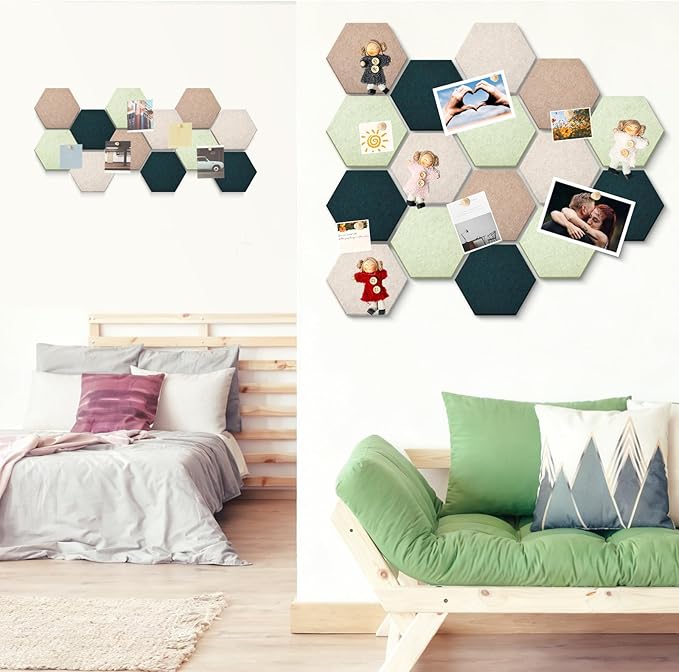 32 Pcs 12'' x 10' Hexagon Felt Cork Board Tiles with 50 Wooden Push Pins, Felt DIY Bulletin Board with 4 Tape for Office School Home Wall Decor Stickers Memos Photos Display