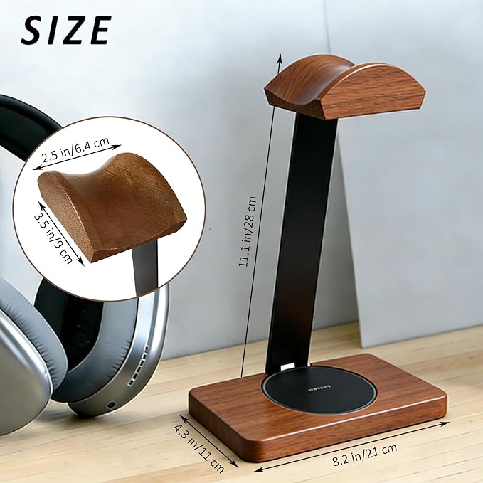Solid Wooden Headphone Holder, Universal Headset Stand with Wireless Charger 15W Max Fast for Desk, Wireless Charger Headphone Holder for Gaming Desk Compatible with iPhone Samsung (Black)