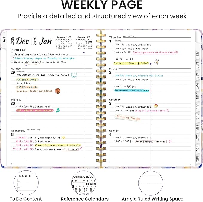 2026 Planner, Weekly and Monthly Calendar Planner for Women, Jan 2026 - Dec 2026, Hardcover Planning Agenda book with Tabs, Spiral Bound, Inner Pocket, Perfect for School Office Supplies, 6.3" x 8.5" - Purple Blocks
