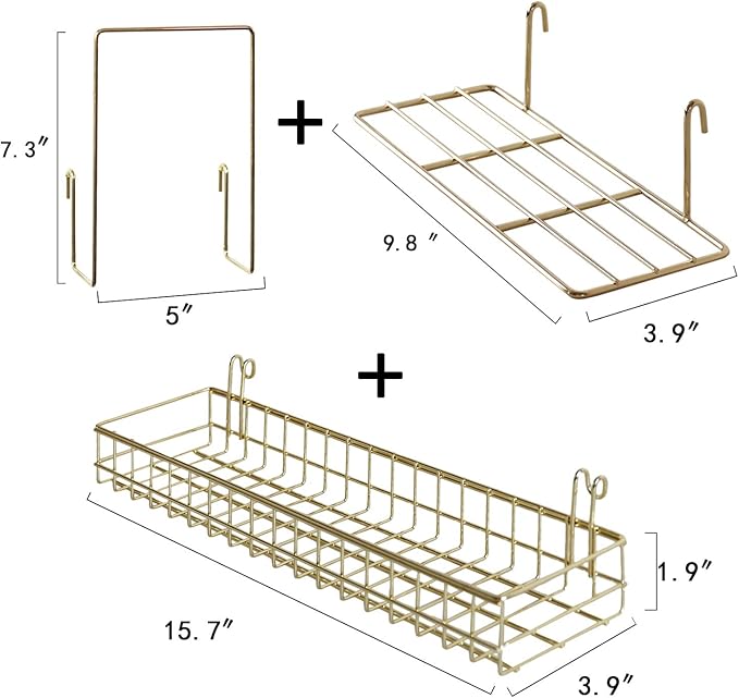 FRIADE Gold Grid Basket with Hooks,Bookshelf,Display Shelf for Wall Grid Panel,Wall Mount Organizer and Storage Shelf Rack for Home Supplies,1 Set of 3 (Gold)