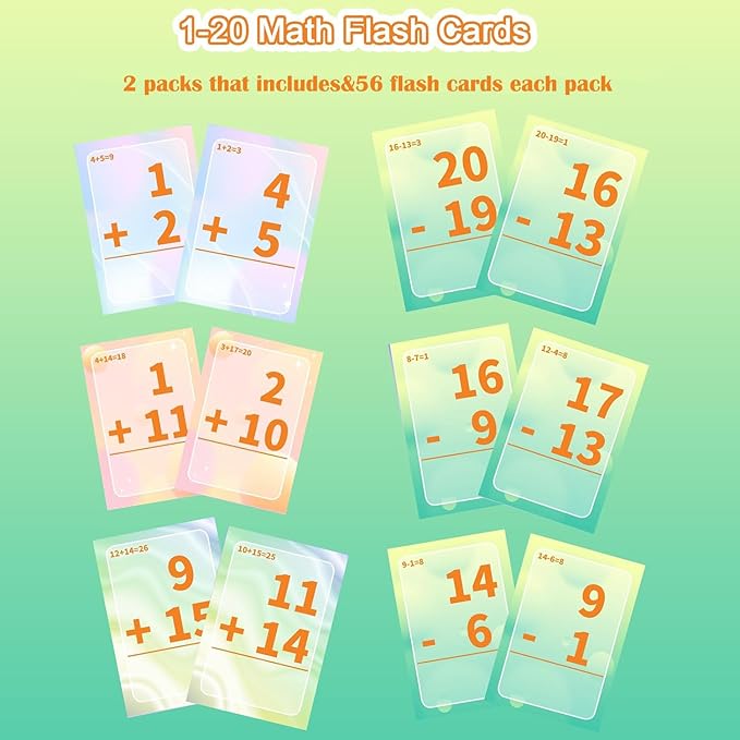 Addition and Subtraction Flash Cards, Math Facts Flashcards 1-20, Math Manipulatives Games for Kindergarten, 1st, 2nd, 3rd, 4th, 5th, 6th Grade Kids Ages 4-12-56cards