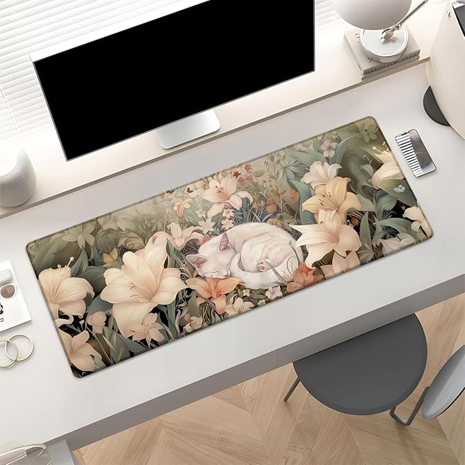 Cute Floral Cat Gaming Mouse Pad, White Cat Sleep Among Flowers Large Desk Mat for Computer, Extended Keyboard Laptop Mouse Pads 31.5×11.8in, Non Slip Rubber Mousepad for Office Decor Gifts