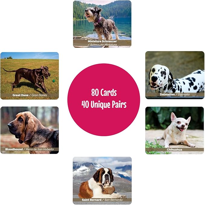 Menique – Dogs Memory Matching Game – Bilingual – 80 Cards (40 Pairs) with Real Photographs – Educational Game for Kids and Adults