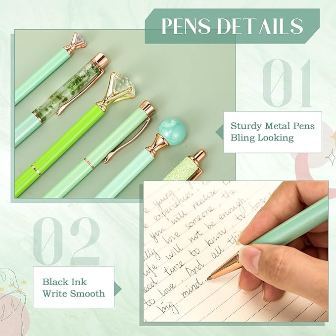 Janmini 9 Pcs Ballpoint Pens Set Metal Crystal Diamond Glitter Pens for Journaling Black Ink Pretty Cute Things Fancy Stationery Gifts for Women Girls Birthday Home Office Desk(Green)