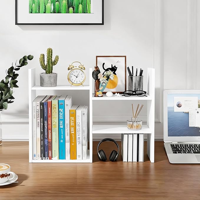 White Desktop Shelf Organizer for Top of Desk - Wood Desk Hutch for Dorm Room Essentials & Home Office - Small Tabletop Bookshelf for Storage & Decor Display