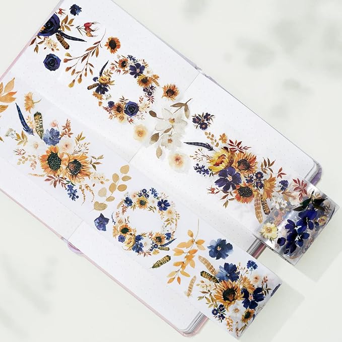 WT PET Tape, Floral Sunflower & Navy Design, Wide Decorative Craft Tape, Single Roll, Clear Transparent Tape for Bujo Planner & DIY Scrapbooking Supplies