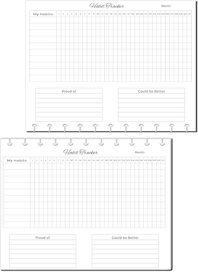 Horizontal Habit Tracker Inserts for 7, 9, 11 Disc | Mini, Classic, Skinny, Big, Letter, Junior Size Planners | Color or Black & White | Monthly Habit Log (Black & White, 11-Disc Letter)