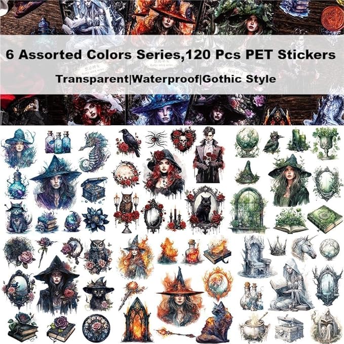 120pcs Gothic Scrapbook Stickers, Vintage Witchy Apothecary Goth Stickers Ephemera for Junk Journal Supplies, Transparent Dark Aesthetic Sticker for Journaling, Scrapbooking, Bujo