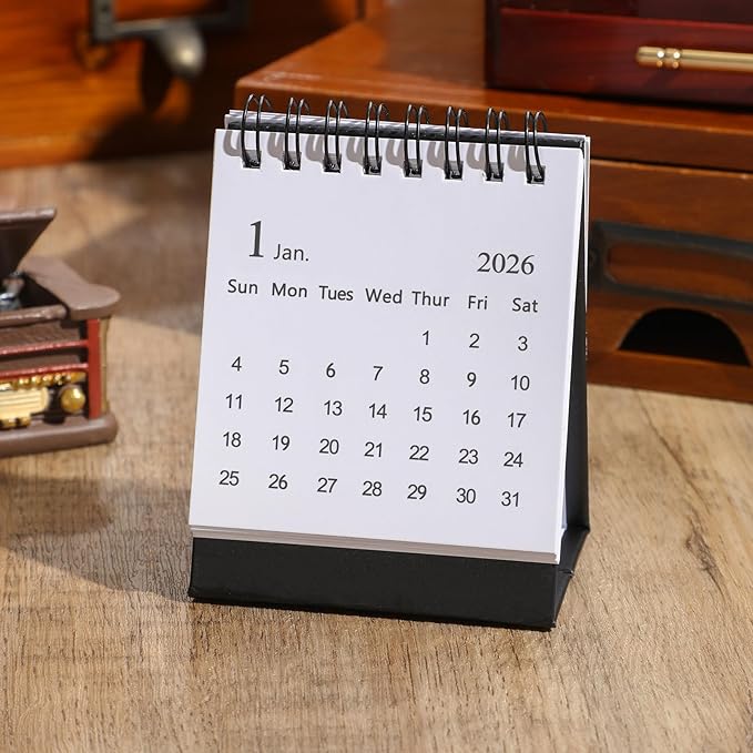 Mini Desk Calendar 2026-2027- Small Desktop Calendar January 2026 to June 2027 Mini Daily Schedule Thick Paper Twin-Wire Binding with Stickers for Home Office School (Black-white)