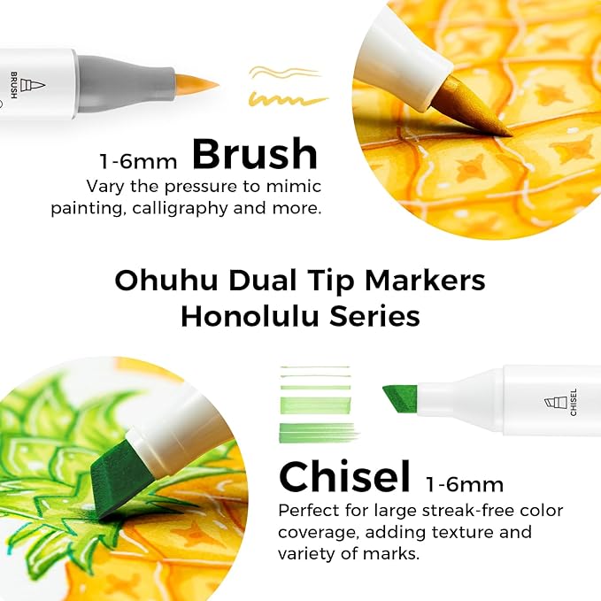 Ohuhu Alcohol Markers Brush Tip - AP Certificated Double Tipped Art Marker Set for Artist Adults Coloring Illustration- 72 Colors - Refillable - Chisel and Brush Dual Tips - Honolulu of Ohuhu Markers