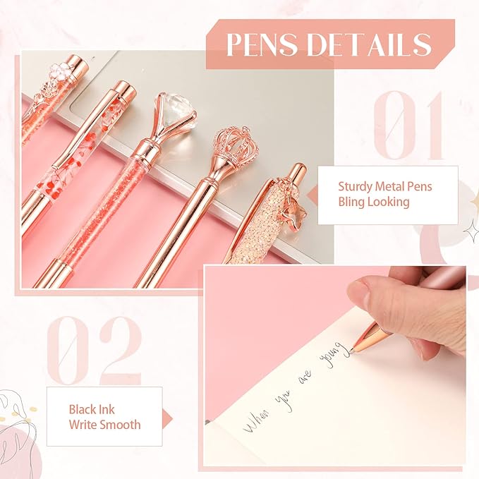 Janmini 9 Pcs Rose Gold Ballpoint Pens Set with Metal Crystal Diamond Design for Women - Fancy Pens for Journaling, Writing, Gifts