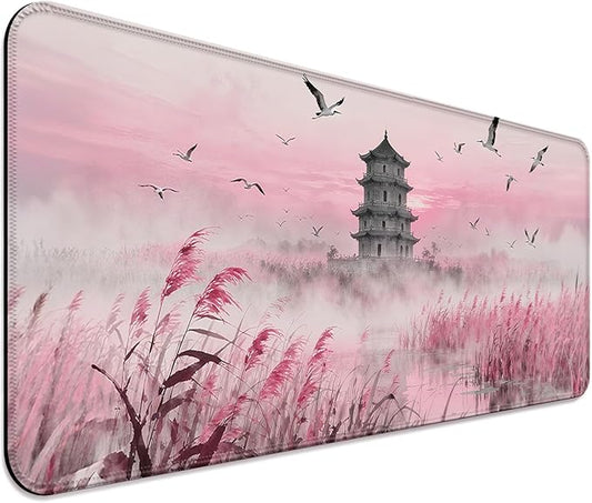 Fantasy Pink Tower and Egret XL Large Desk Mat, Extended Long Desk Pad for Gaming and Office, Non-Slip Rubber Base, Comfortable Surface Mouse Pad, 31.5x11.8 in (H23)
