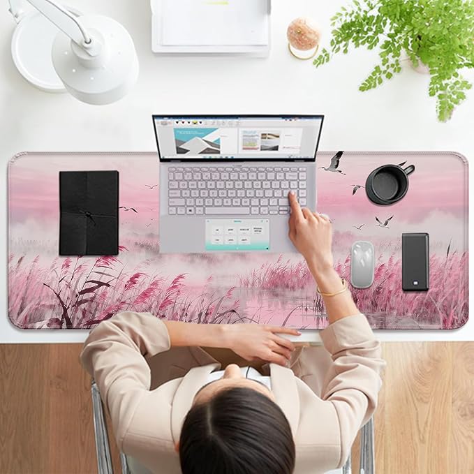 Fantasy Pink Tower and Egret XL Large Desk Mat, Extended Long Desk Pad for Gaming and Office, Non-Slip Rubber Base, Comfortable Surface Mouse Pad, 31.5x11.8 in (H23)