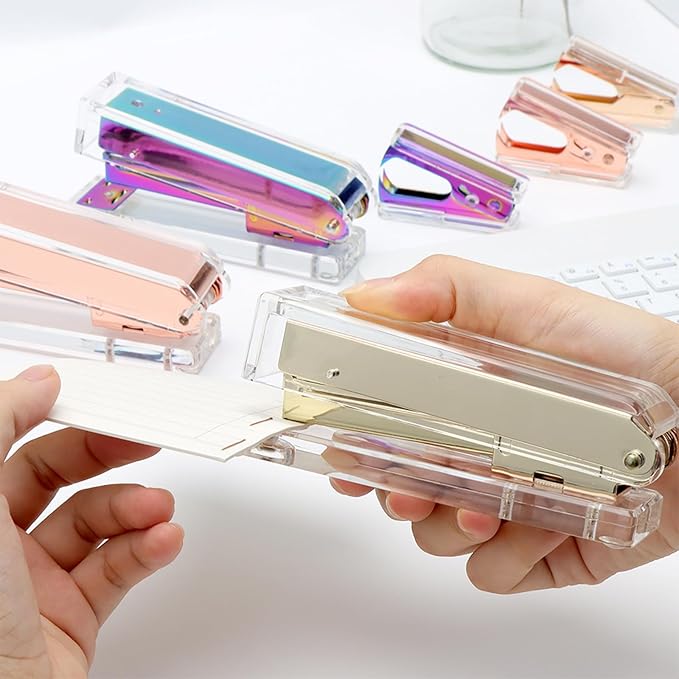 NatSumeBasics Clear Gold Stapler with 1000 Staples, Cute Stapler and 26/6 Staples for Desk Home School Office Stationery Supplies Accessories Decoration (Gold)