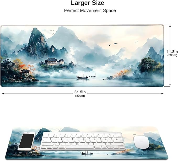 Japanese Mountain Landscape Painting Large Mouse Pad, Desk Mat Computer Keyboard Pad Non-Slip Rubber Base Waterproof with Stitched Edges for Laptop Gaming, Office & Home 31.5 x 11.8 Inch