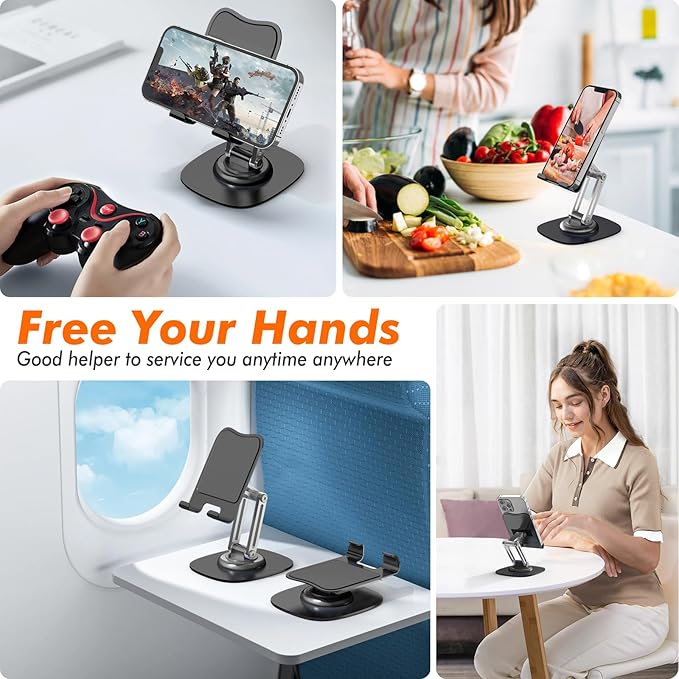Metal Cell Phone Stand for Desk, Adjustable Foldable Desktop Phone Holder, 360 Degree Rotating Phone Stand for Recording Compatible with iPhone 17 16 15 14 13 12 11 Pro, Black