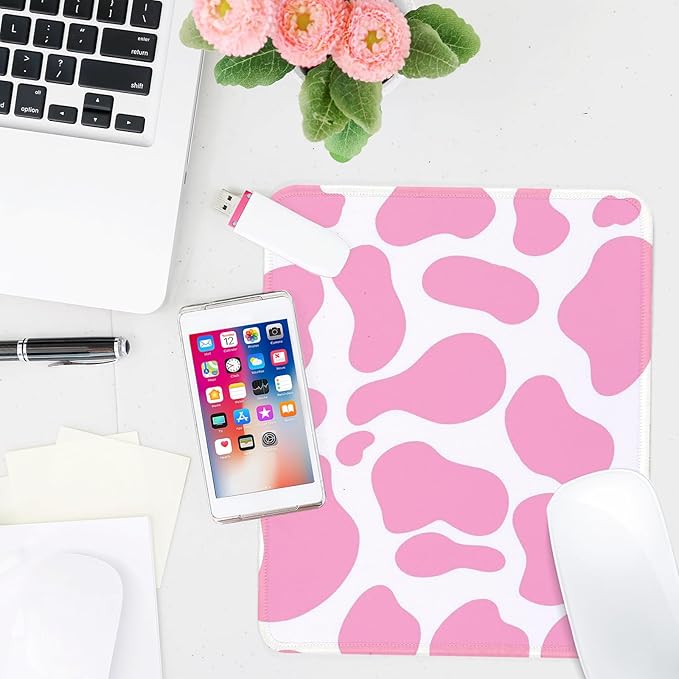 Pink Cow Pattern Square Mouse Pad,Non-Slip Rubber Base Mouse Pad,Home Office Decoration Desktop Accessory,Laptop Mouse Pad for Office Laptops,9.4x7.8x0.12inch.