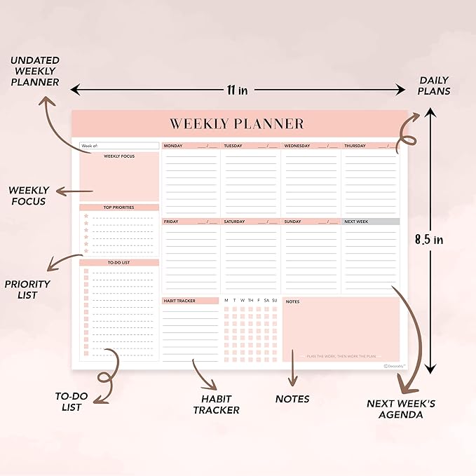 Decorably 52 Sheets Nude Pink Undated Weekly Planner Notepad Tear Off, 11x8.5in Weekly to Do List Notepad Tear Off for Focus, Priorities, To-Do List, Habit Tracker, Agenda, Notes