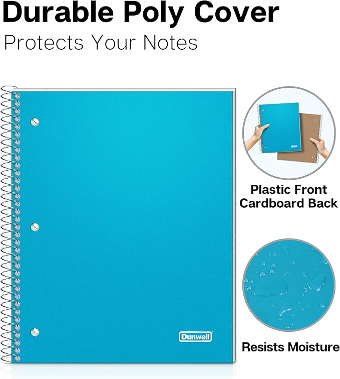 Dunwell 1 Subject College Ruled Notebooks, (3-Pack, Red, Blue, Black) Spiral Notebooks 8.5 x 11, Plastic Covers, Poly Pocket Dividers, 100 Sheets (200 Pages), 3-Hole Punched Perforated Paper