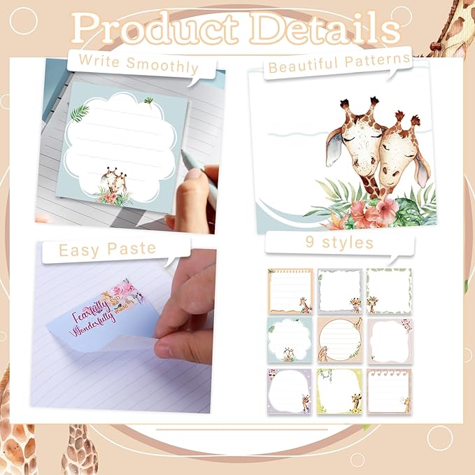 Giraffe Sticky Notes Gifts - 9 Pack Cartoon Giraffe Notepads 3x3 Inch Gifts for Women Men, Safari Animal Self-Adhesive Memo Pads Office School Supplies (450 Sheets)