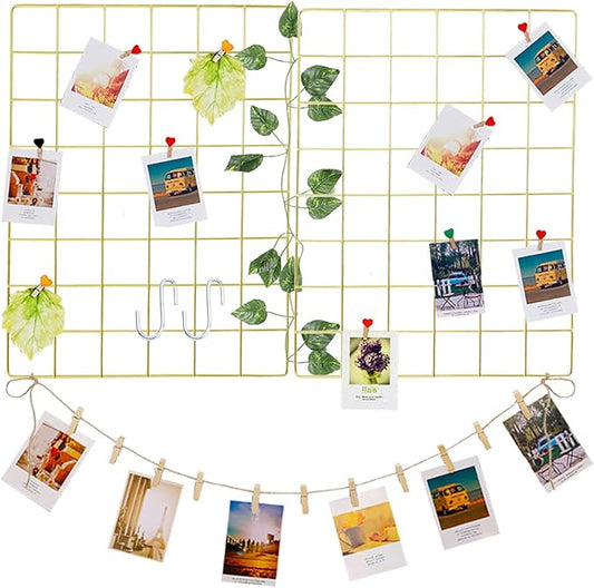 DIJIAHUA 2 Pack Wall Grid Panel Wire Photo Wall Pictures Display Board with Accessory Wall Storage Organizer Memo Board Over Desk Décor for Home, Office and Dorm (Gold)