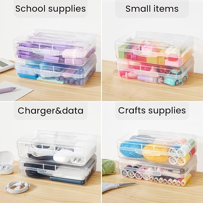 Sooez Plastic Pencil Case Box 6 Pack, Colored Large Craft Storage Bulk, Plastic Containers with Snap-tight Lids, Hobby Art School Supply Organizer, Marker Bead Pen Bins Organizer,Stackable