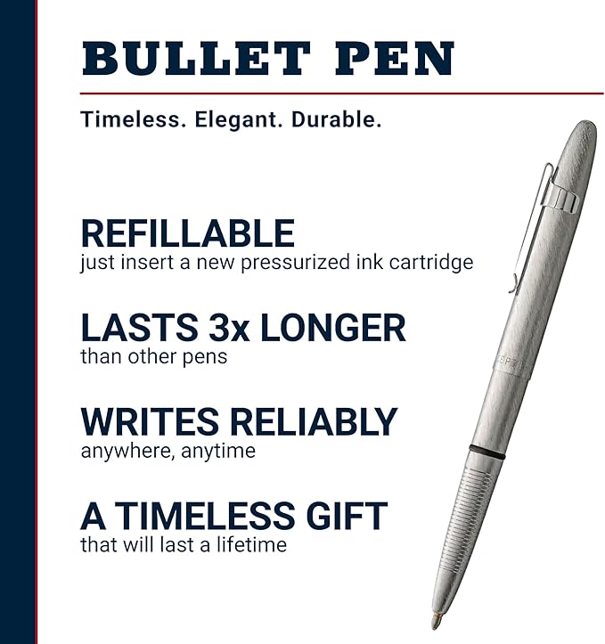 Fisher Space Pen Bullet Space Pen, Brushed Chrome Pressurized Ballpoint Pen, Compact Size, Writes Upside Down, Extreme Temperatures, Smooth Black Ink, Medium Point, Pocket Clip, Gift Box, Made in USA