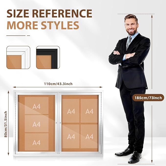 SWANCROWN Weather Resistant Enclosed Bulletin Board Cork Displays Boards Wall Mounted Notice Case with 2 Locking Door,43x31 inches