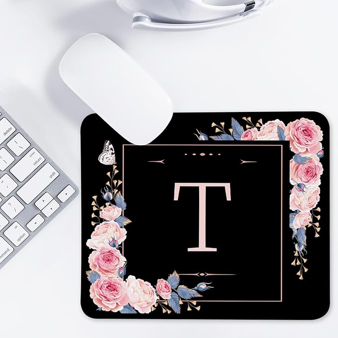 Letter T Black and Pink Flowers Square Mouse Pad, Mouse Pad with Stitched Edge and Non-Slip Rubber Base,Mouse Mat,Home Office Decor Desk Accessories,9.4x7.8x0.12 inch Square Mouse Pad
