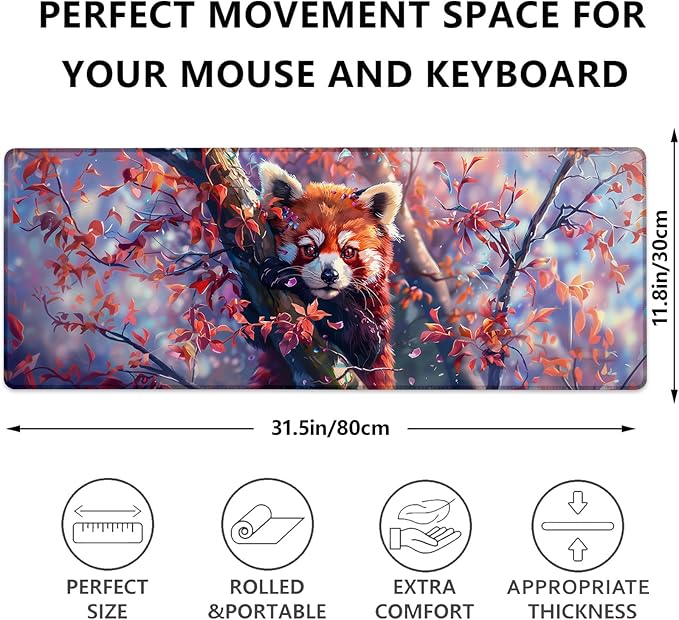 Red Panda Gaming Mouse Pad, Large Desk Mat for Computer, Extended Keyboard Laptop Mouse Pads, 31.5×11.8in Non Slip Rubber Mousepad for Office Decor Gifts(color10)