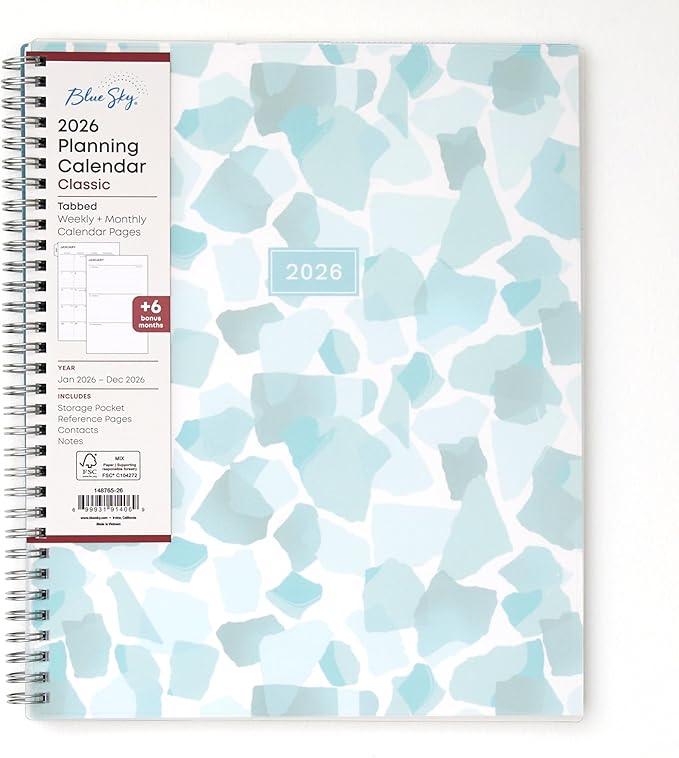 Blue Sky 2026 Weekly and Monthly Planner Calendar, January 2026 - December 2026, 8.5" x 11", Flexible Frosted Cover, Laminated Tabs, Durable Twin Wire Binding, Storage Pocket, Amitza