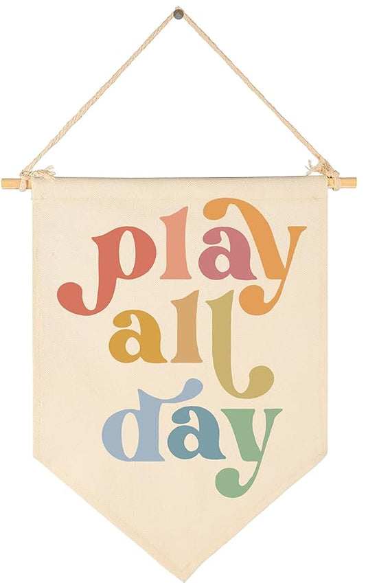 Boho Banner Flag Sign Pennant Poster Wall Decor Gift for Boy Girl Kid,Nursery Baby Room Bedroom Reading Room Playroom Door Above Crib-Play All Day-Baby,Shower,Birthday Christmas Gift-15.6"x11"