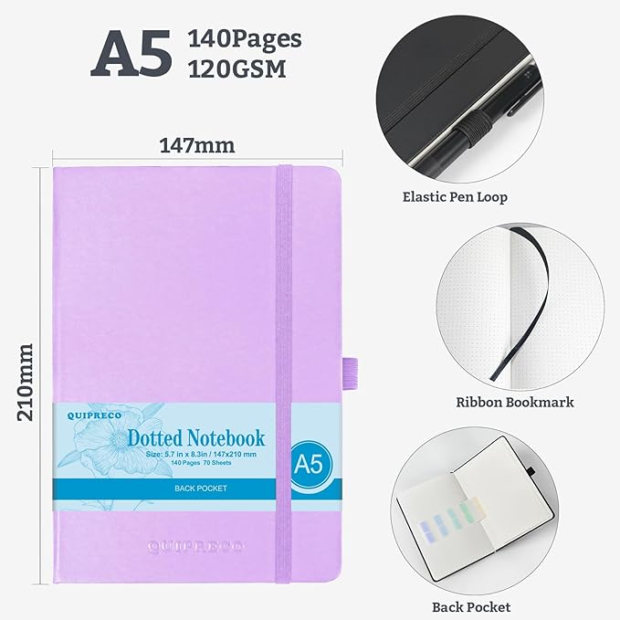 Bullet Dotted Journal Hardcover Notebook, A5 140 Pages 120Gsm Thick Paper for School,Note Taking,Work,Diary，5.7''*8.3'',Lavender