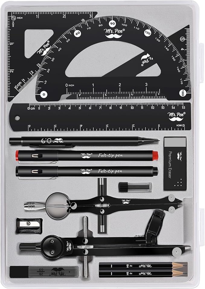 Mr. Pen- Professional Geometry Set, 15pcs, Black Geometry Kit for Artists and Students, Geometry Set, Metal Rulers and Compasses, Drawing Tools, Drafting Supplies, Drafting Set, Drafting Tools and Kit