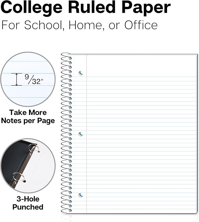 Dunwell 1 Subject College Ruled Notebooks, (3-Pack, Red, Blue, Black) Spiral Notebooks 8.5 x 11, Plastic Covers, Poly Pocket Dividers, 100 Sheets (200 Pages), 3-Hole Punched Perforated Paper