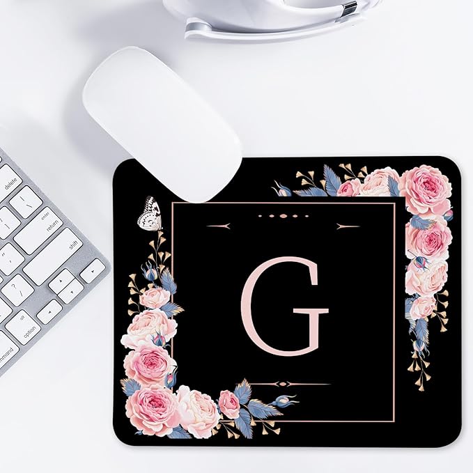 Letter G Black and Pink Flowers Square Mouse Pad, Mouse Pad with Stitched Edge and Non-Slip Rubber Base,Mouse Mat,Home Office Decor Desk Accessories,9.4x7.8x0.12 inch Square Mouse Pad
