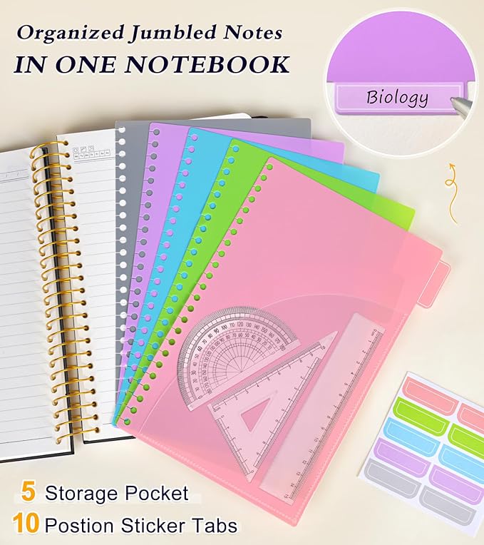 5 Subject Notebook College Ruled, A5 Hardcover Spiral Notebook with Removable Pocket Dividers Tabs, 240 Pages Lined Spiral Journal Notebook for Women, 6x8.5 Notebooks for Work School Note taking Black