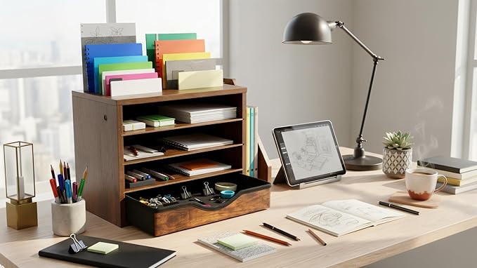 File Organizer with Drawer, Office Wood Desk Organizer with drawers, with 4 Adjustable Shelves, Mail Sorter with Drawer, Office Desk Paper Holder, Brown