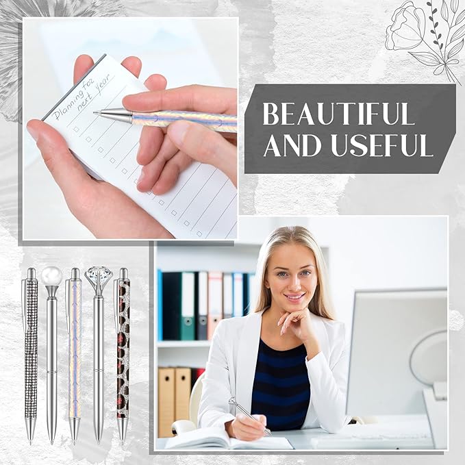 Janmini 9 Pcs Ballpoint Pens Set Metal Crystal Diamond Glitter Pens for Journaling Black Ink Pretty Cute Things Fancy Stationery Gifts for Women Girls Birthday Home Office Desk(Silver)