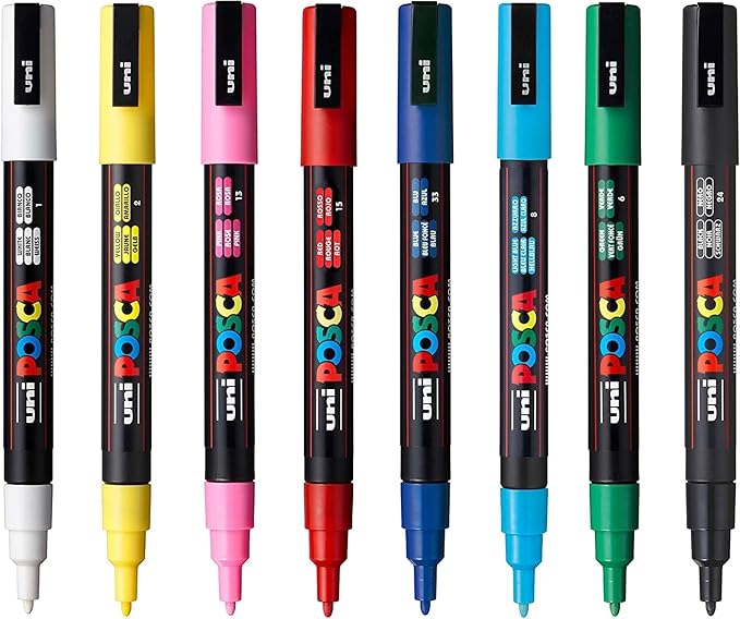 uni POSCA PC-3M Water-Based Paint Markers, Reversible Fine Tip (0.9-1.3mm), Assorted Colors, 8 Pack