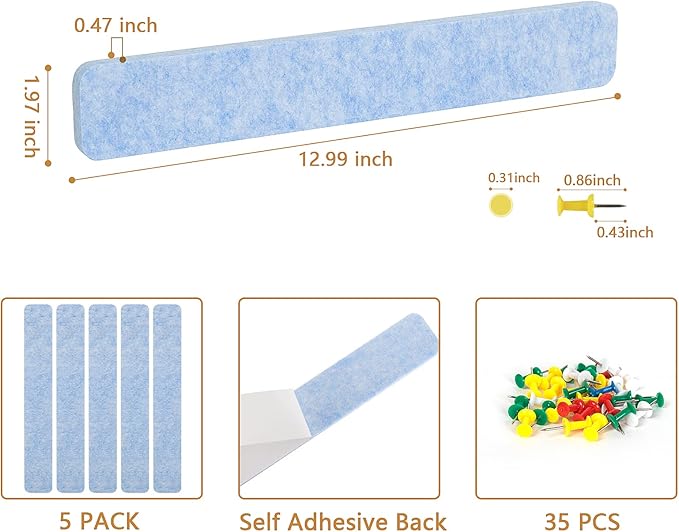 5 Pack Bulletin Board for Bedrooms Offices Home Wall Decoration, Notice Board Self Adhesive Cork Board with 35 Push Pins for Paste Notes, Photos, Schedules