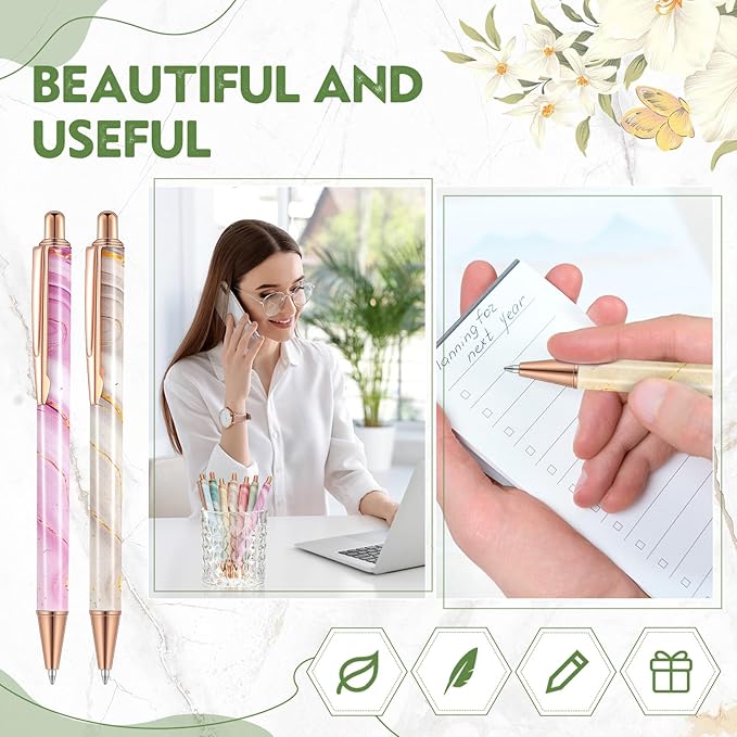 Sherr 7 Pcs Fancy Pens for Women Cute Sparkly Glitter Pens with 10 Pcs Black Ink Refills Pretty Gifts for Girls Office School Christmas Graduation(Marble)