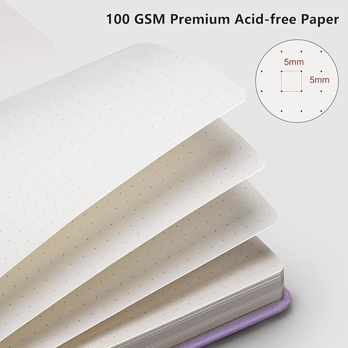 RETTACY Dotted Journal Notebook, 192 Pages, A5 Medium Size (5.7'' x 8.3''), Leather Hardcover, 100 GSM Thick Paper, for Bullet Journaling, Planning, Tracking (Purple)