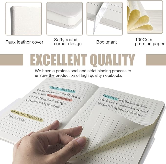 Lined Journal Notebook, 6Pack Hardcover Notebook for Men & Women – Journals for Writing, Work, School, Home & Daily Notes, 160 Pages – Medium A5, 5.7"x8", 100 gsm Thick Paper (White)