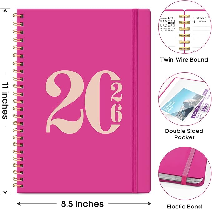 2026 Planner, Weekly and Monthly Calender Planner, Jan 2026 to Dec 2026, Hardcover 2026 Calendar Book with Tabs & Inner Pocket, Office Home School Supplies for Women & Men - A4 (8.5" x 11"), Fuchsia Pink